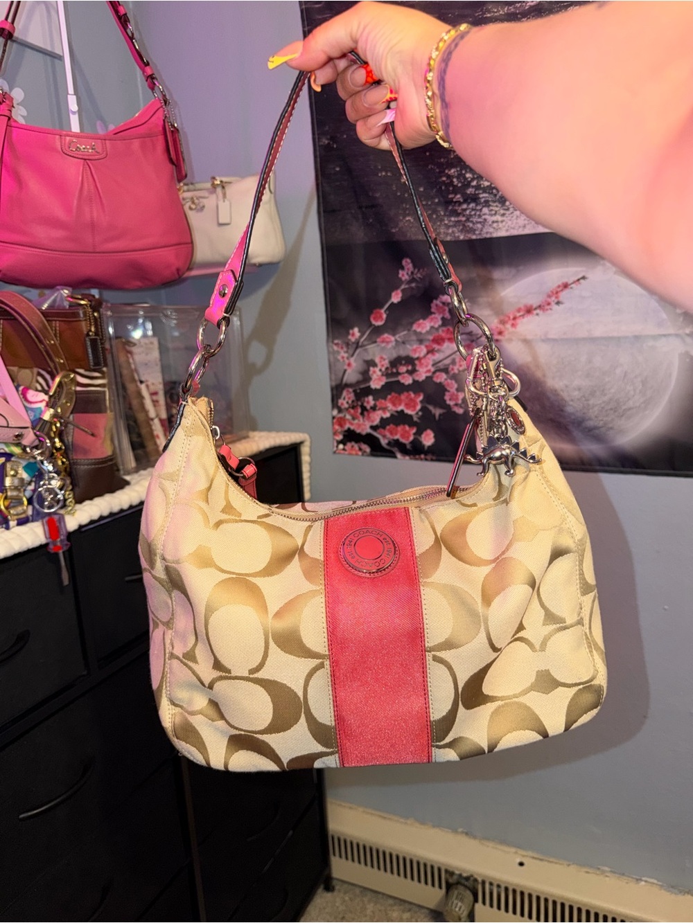 Coach Beige Signature Canvas Shoulder Bag with Pink Stripe